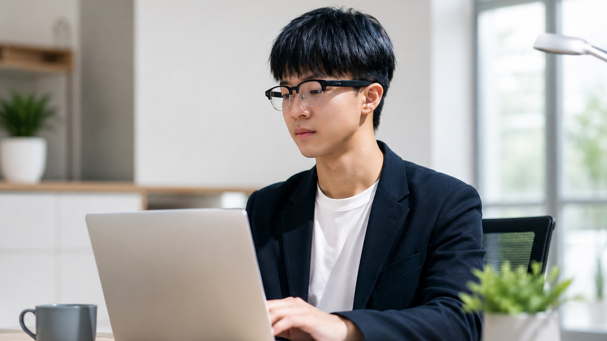 Close-up of Huawei AI Glasses being worn in an office setting, demonstrating how the half-frame design looks indistinguishable from regular prescription eyewear