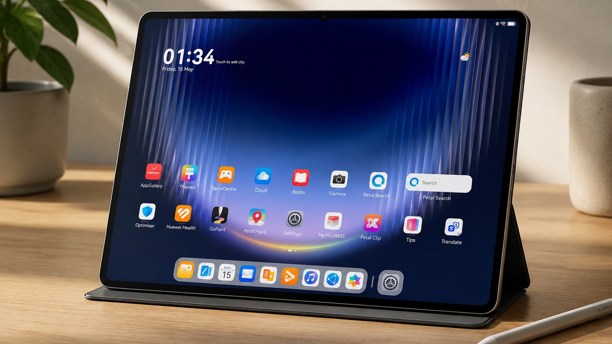 The HarmonyOS home screen on the Huawei MatePad Pro Max showing app icons, the dock, and widgets ready for dual desktop switching.