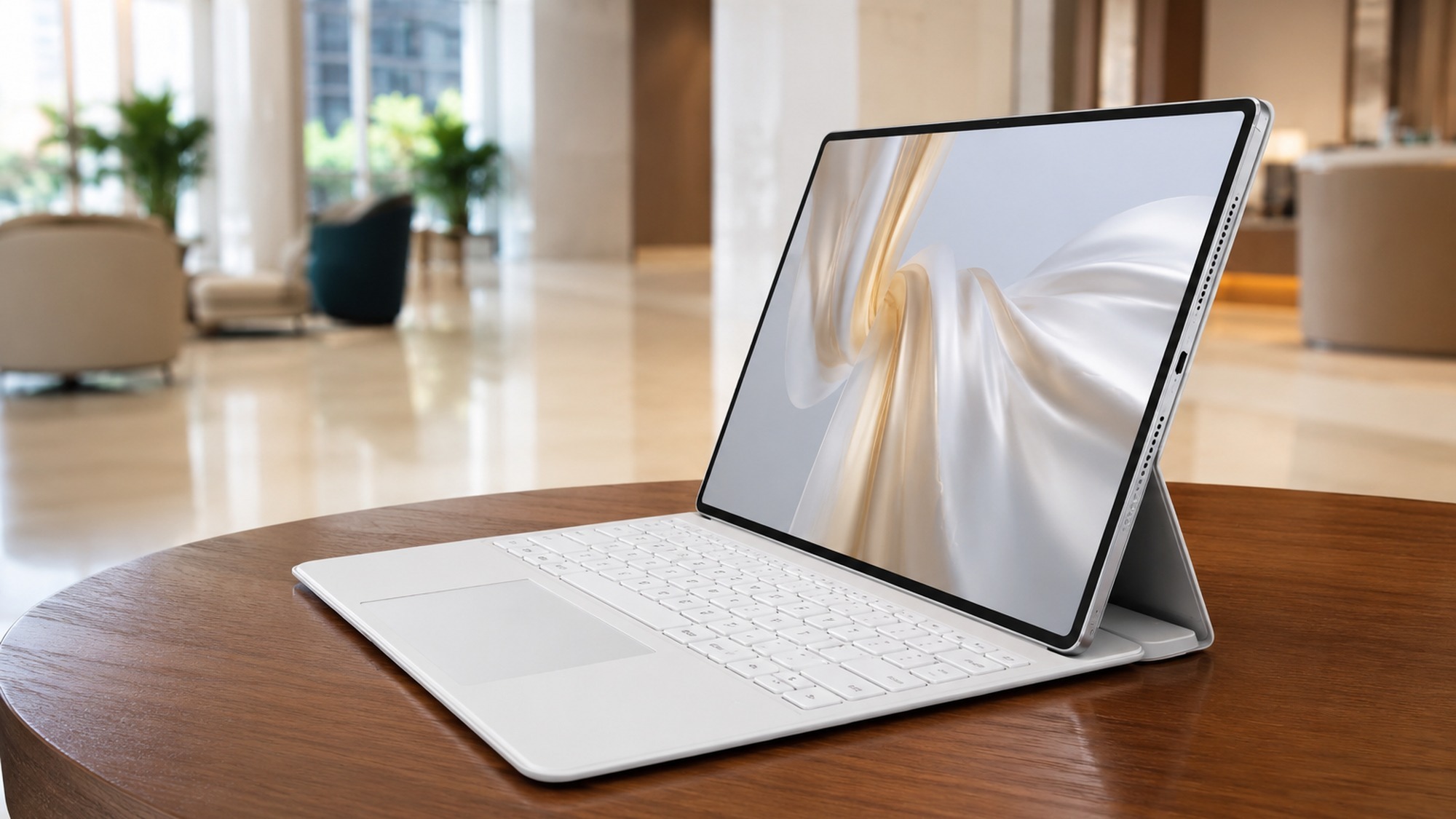 Huawei MatePad Pro Max propped in PC mode on a round wooden table with the white keyboard and trackpad attached like a laptop.