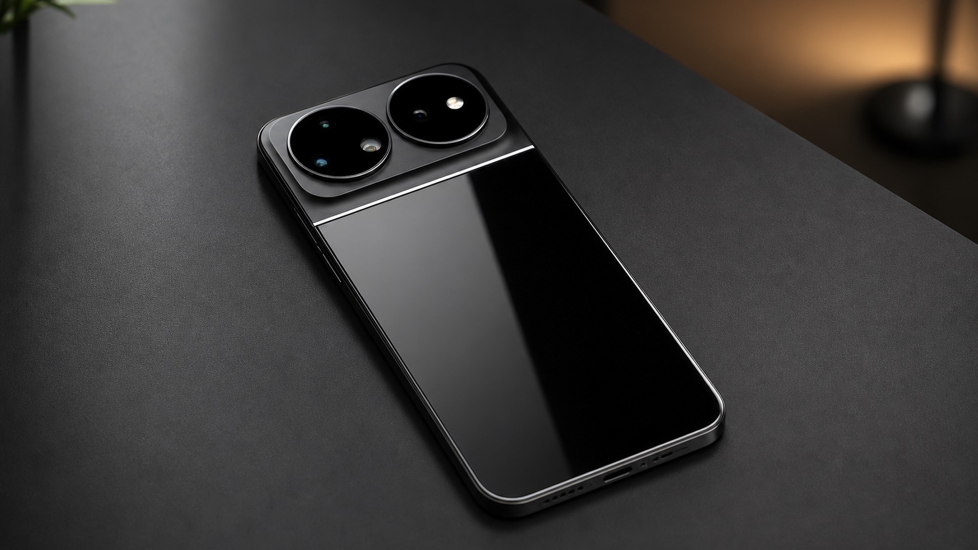 The black Huawei nova 16 Ultra resting on a dark desk, showing its glossy glass back and dual circular camera rings.