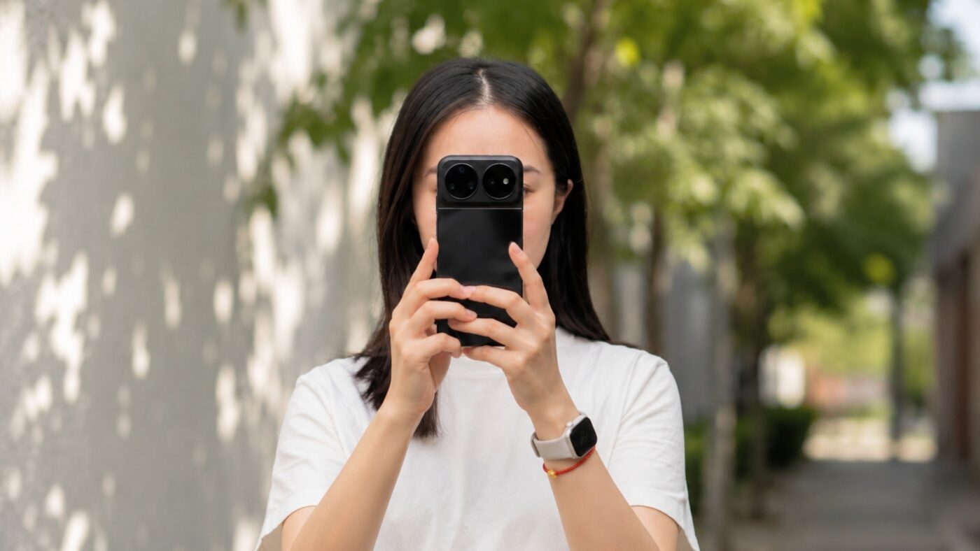 A woman on a sunny street holds up the black Huawei nova 16 Ultra, its dual circular camera rings facing the camera.