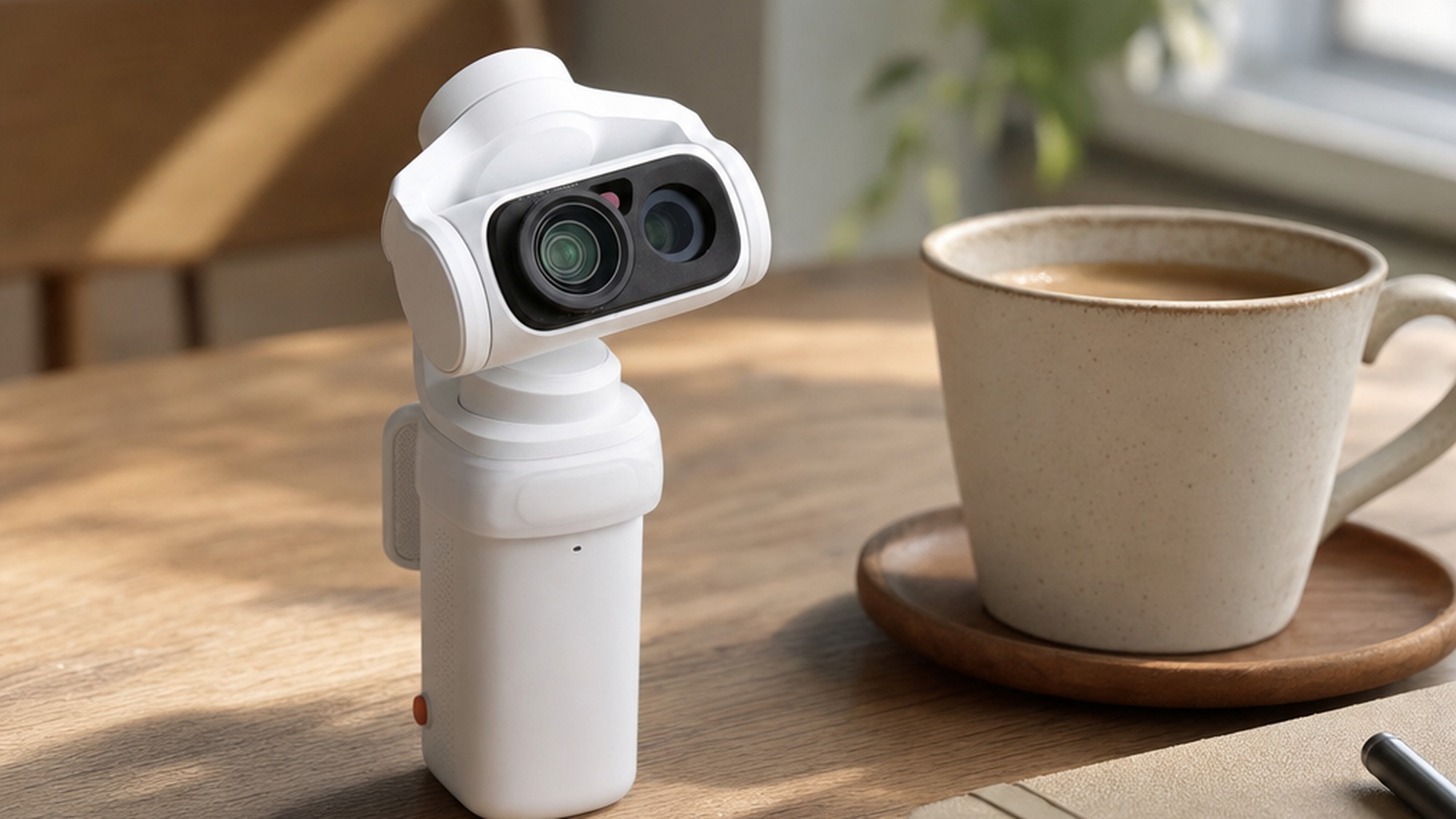 White Luna Ultra pocket gimbal camera resting on a light wooden cafe table beside a coffee cup for solo creators