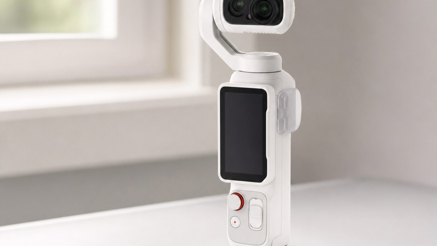 White Insta360 Luna Ultra handheld gimbal camera standing upright on a bright minimalist studio surface near a window