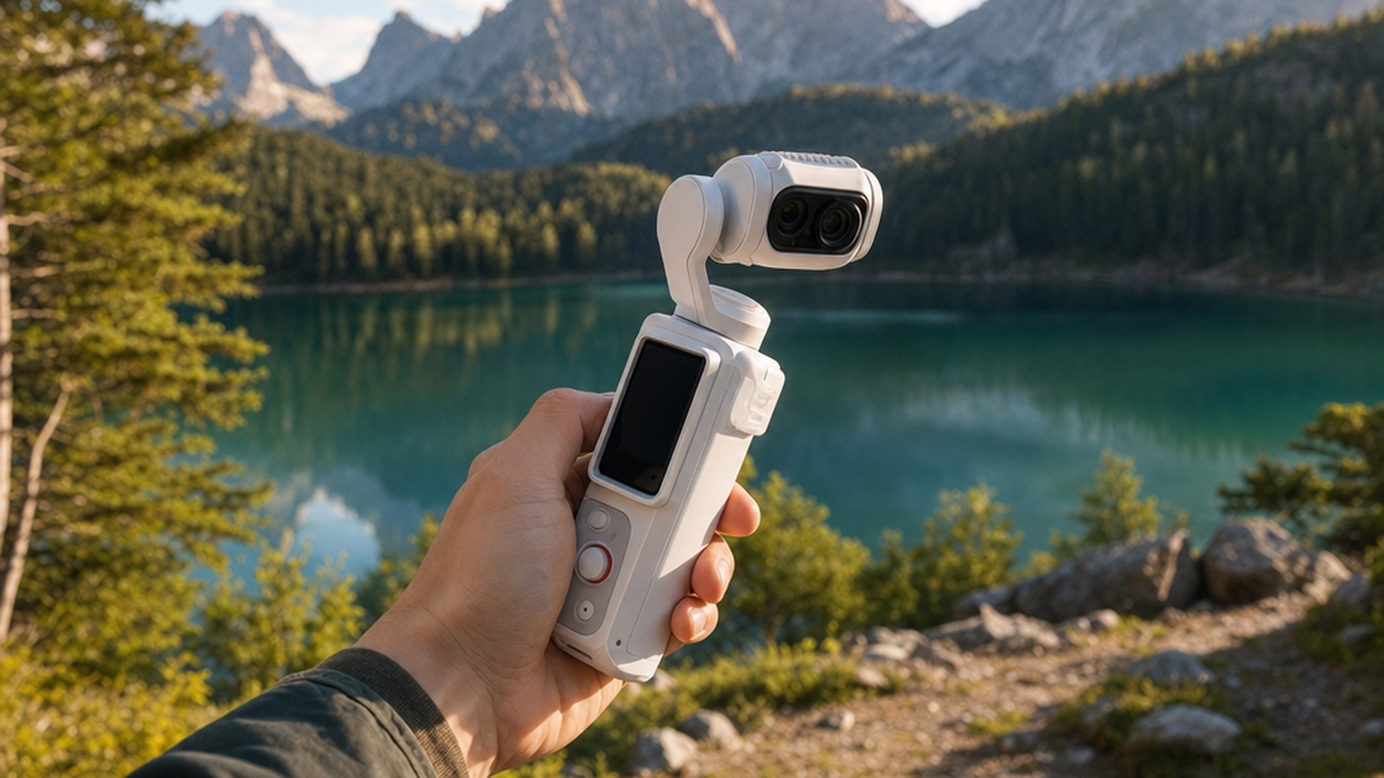 Hand holding the white Luna Ultra gimbal camera outdoors during travel filming with a blurred scenic background behind