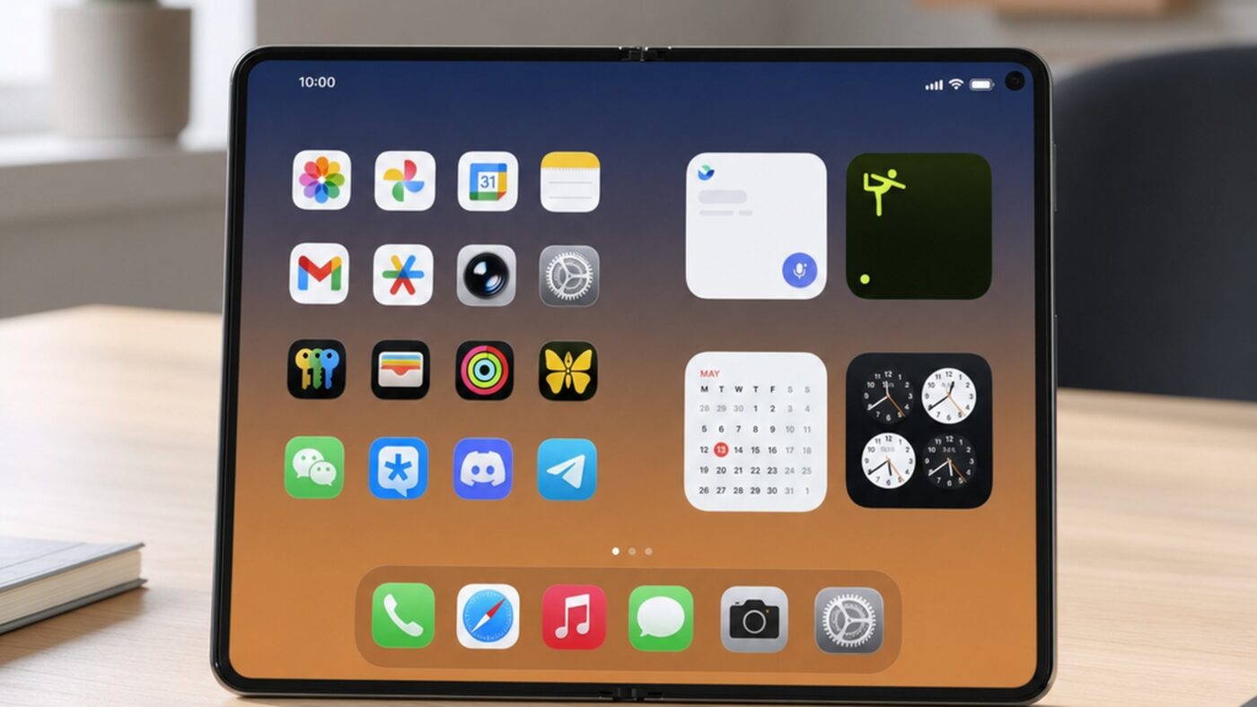 A foldable iPhone Ultra concept opened flat on a desk showing the wide iOS 27 landscape home screen layout