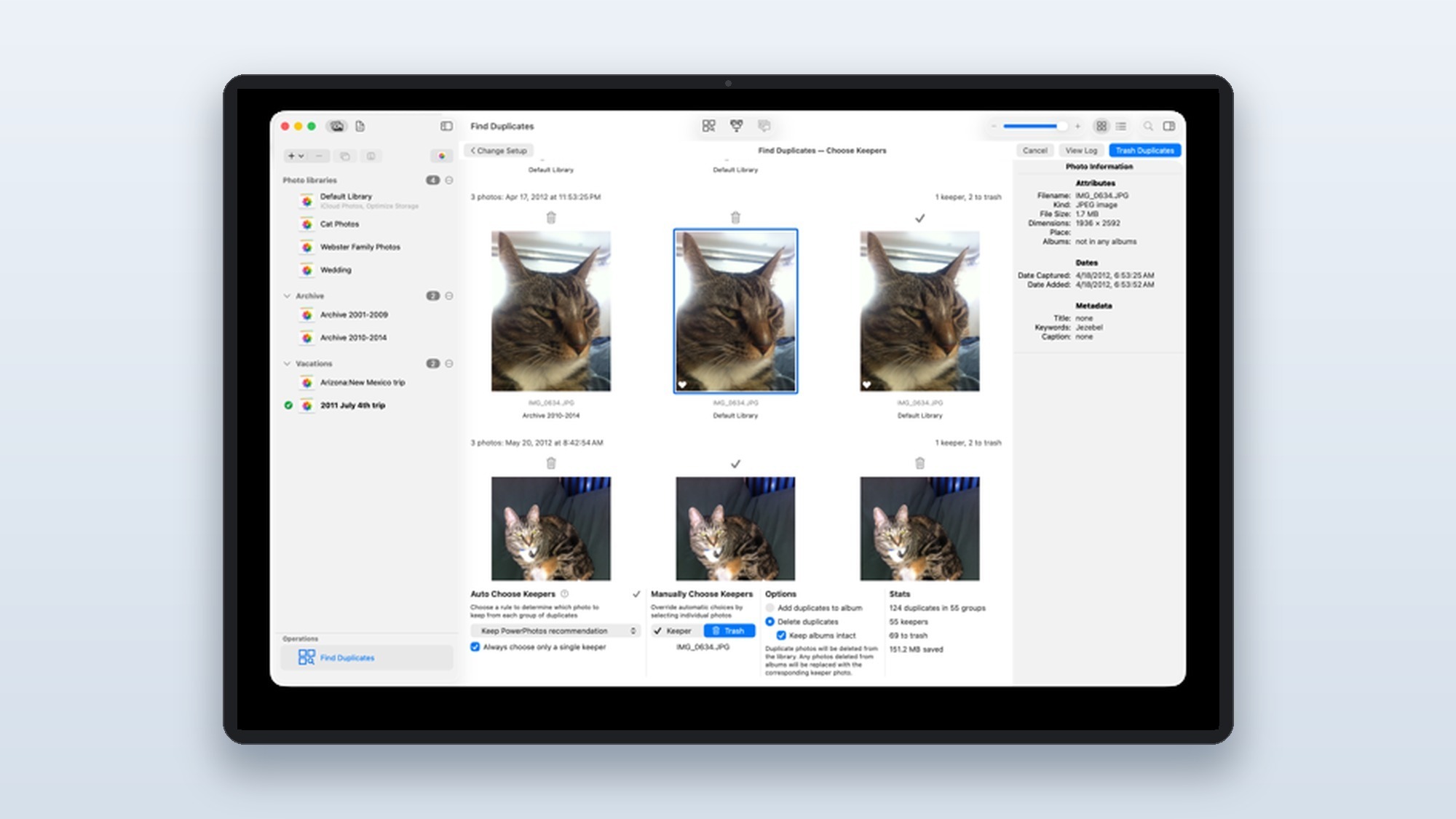 PowerPhotos Find Duplicates view comparing duplicate photos side by side so you can keep one copy and trash the extras