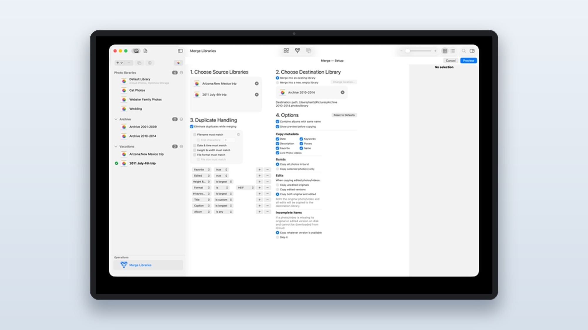 PowerPhotos Merge Libraries setup screen choosing source and destination libraries, the modern replacement for the old iPhoto Library Manager