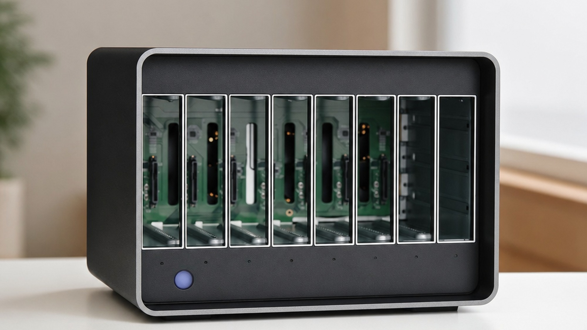 Front view of the LaCie 8big Pro5 with all eight hot swap drive bays open, exposing the internal IronWolf Pro hard drive trays.