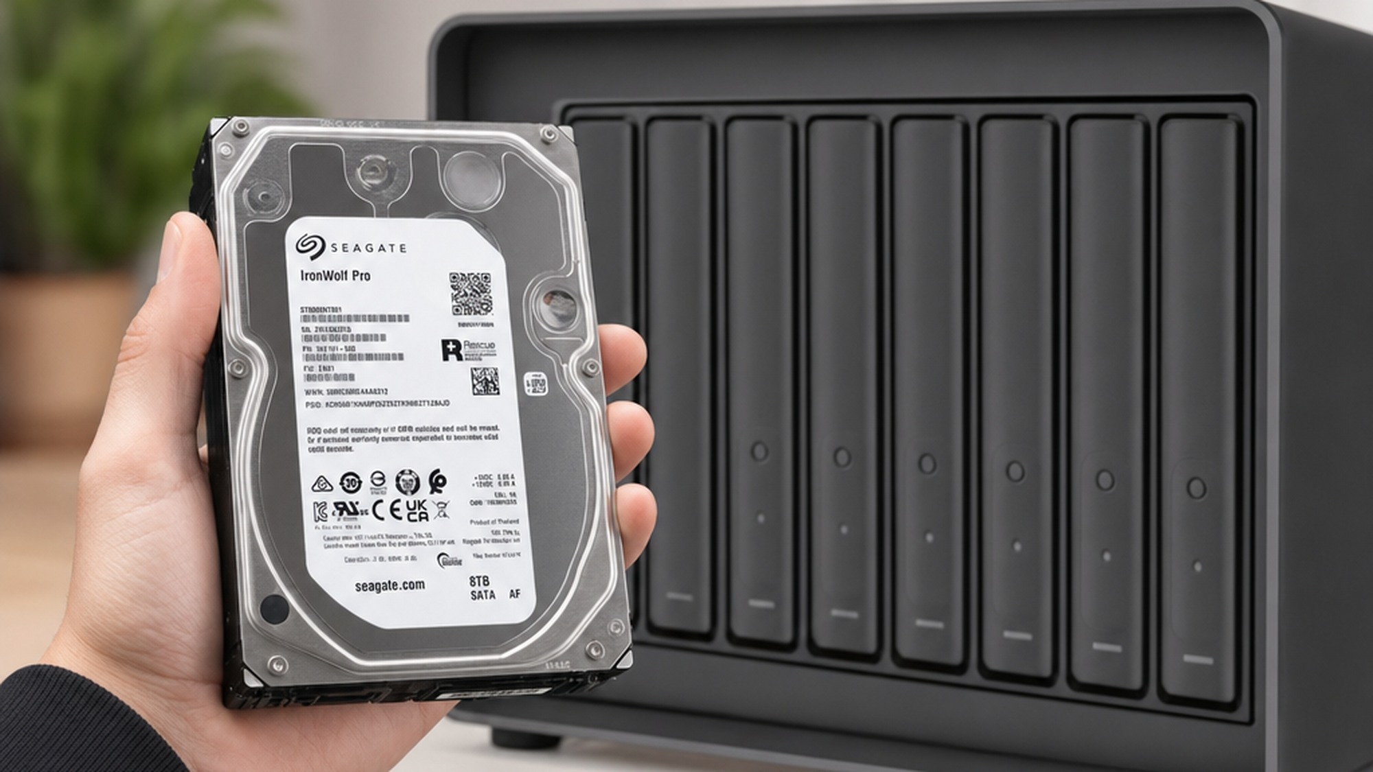 A single Seagate IronWolf Pro 8TB hard drive held in front of the LaCie 8big Pro5 enclosure ready to slot into a bay.
