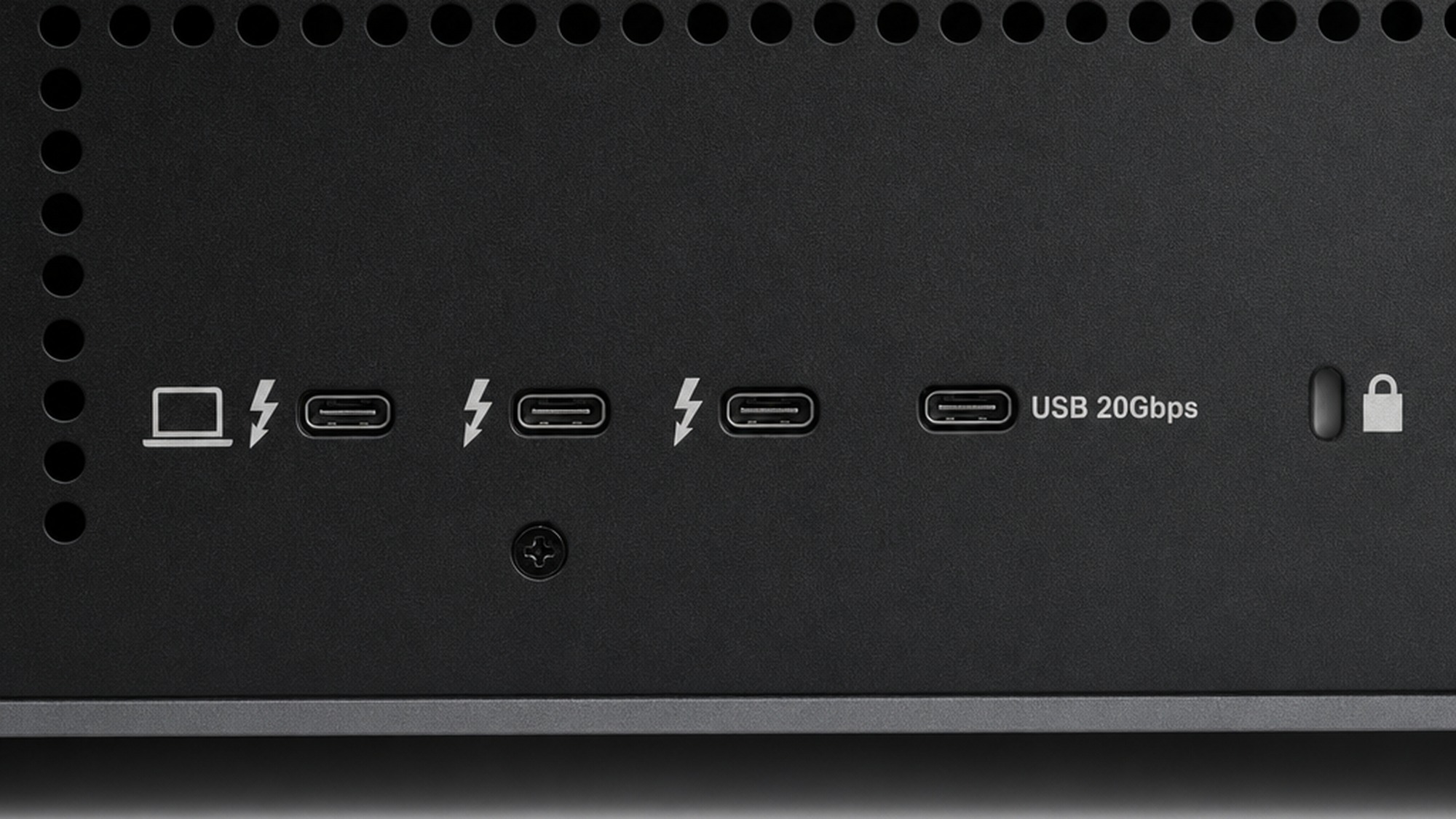 Close up of the LaCie 8big Pro5 rear panel showing three Thunderbolt 5 ports, a USB 20Gbps port, and the security lock slot.