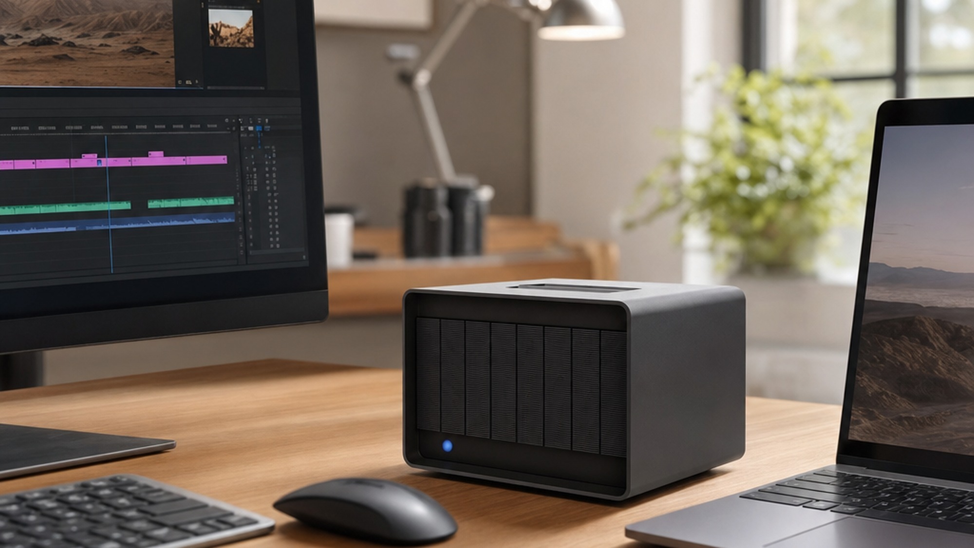The LaCie 8big Pro5 Thunderbolt 5 RAID array sitting on a creative studio desk beside an editing workstation in warm daylight.