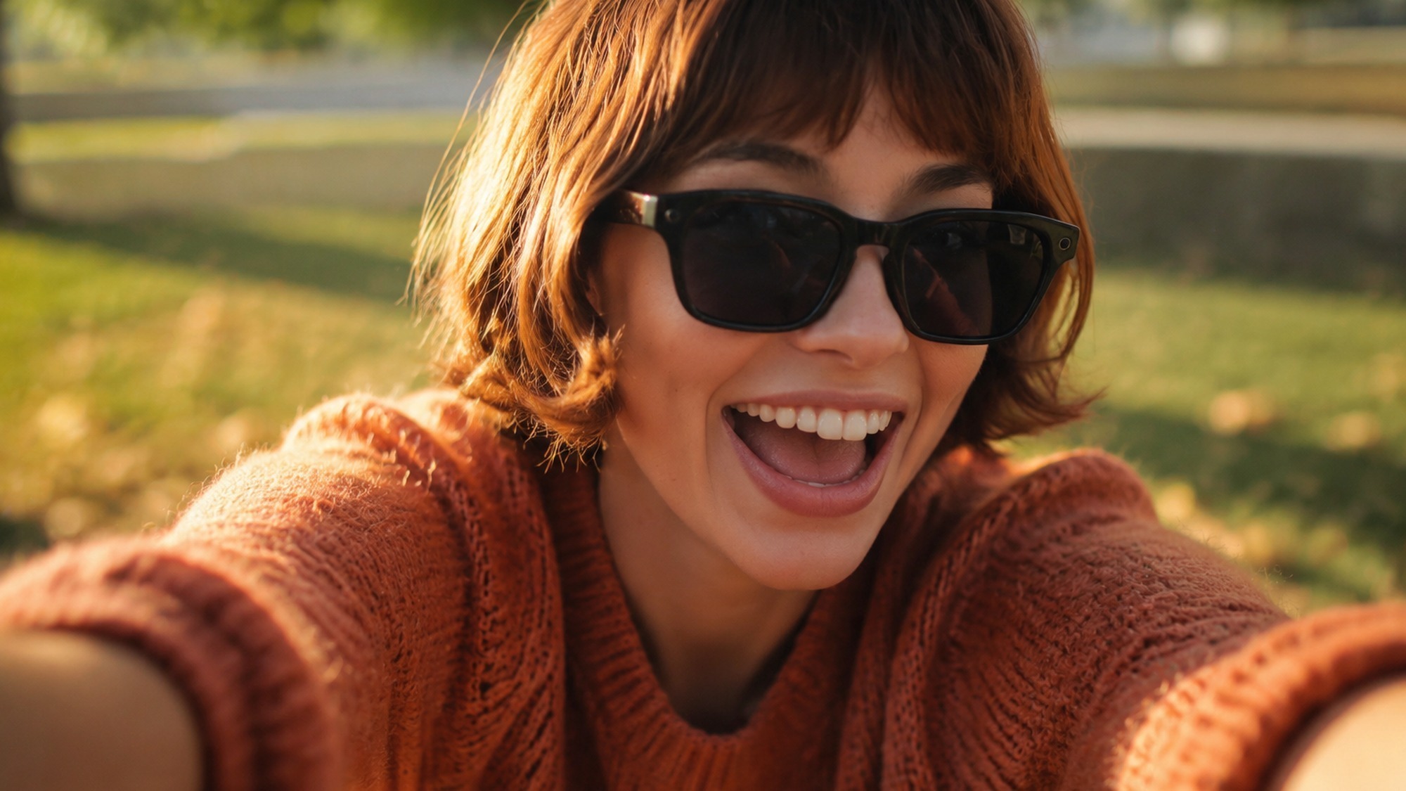 A woman capturing a moment with Meta AI glasses while the multimodal AI counts objects in her view hands free.