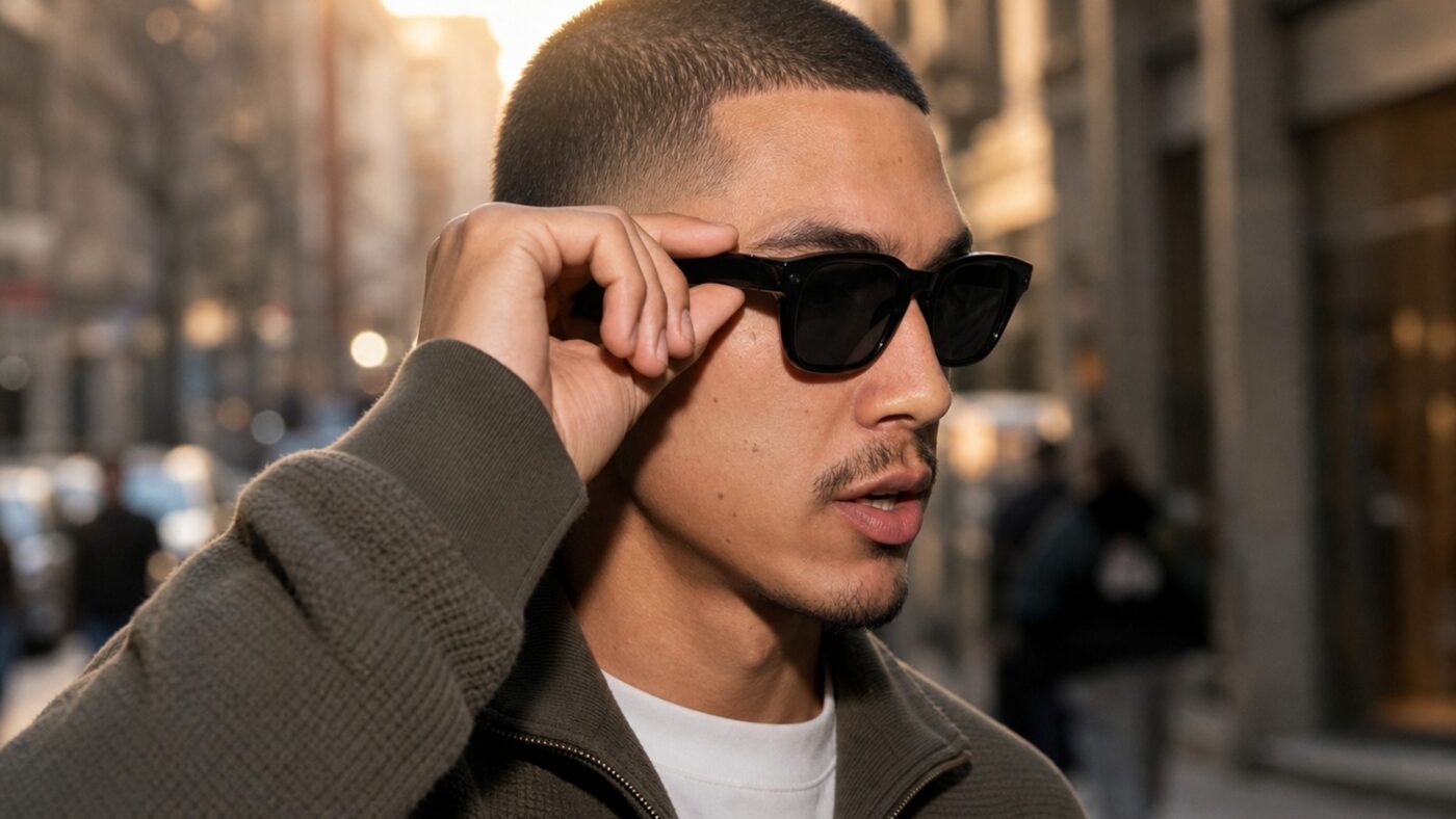 A young man wearing black Meta Fury AI glasses on a city street, using the multimodal AI assistant hands free.