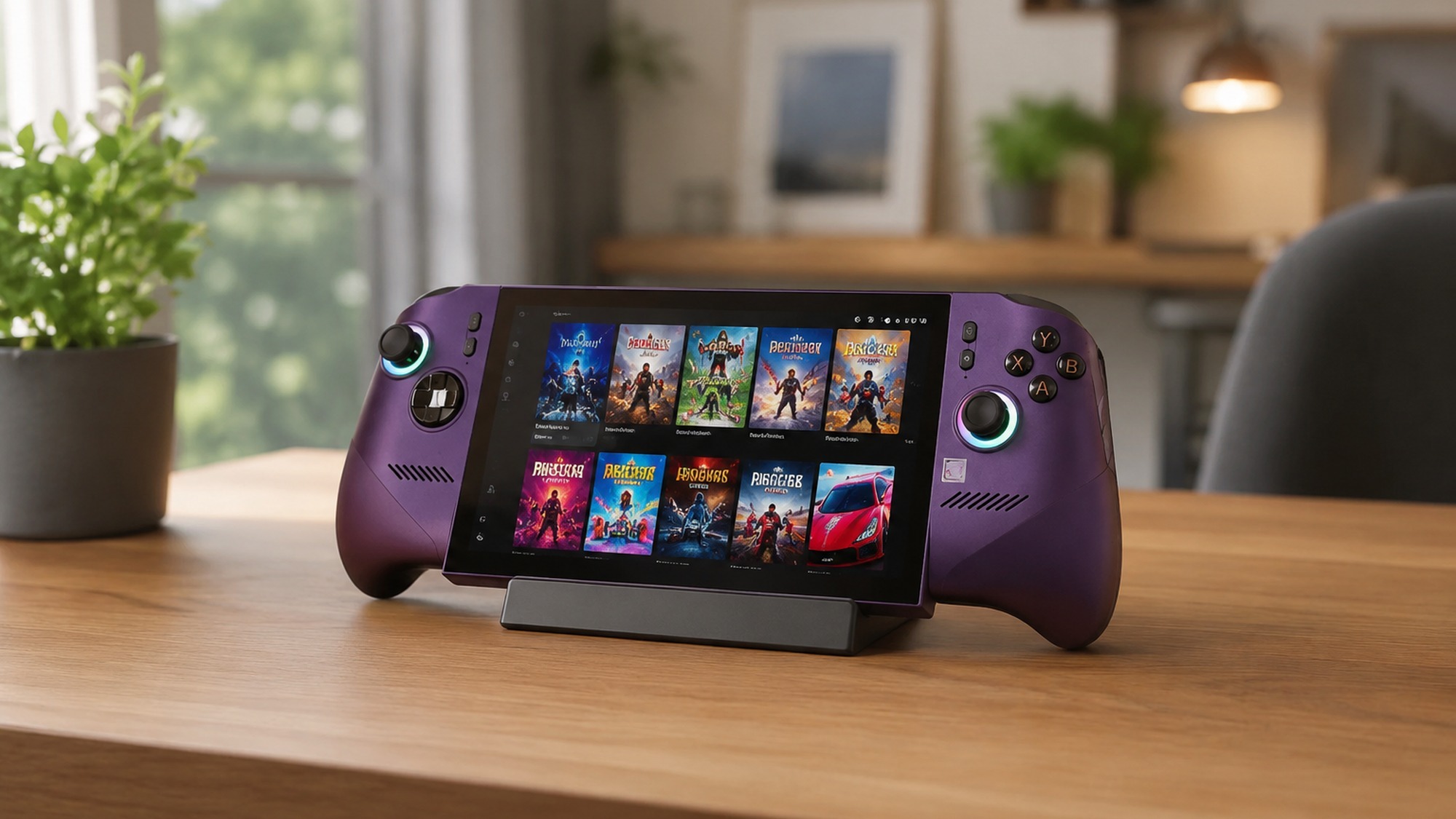 Purple MSI Claw 8 EX AI+ Intel Arc G3 handheld standing on a desk showing its game library on the 8-inch display