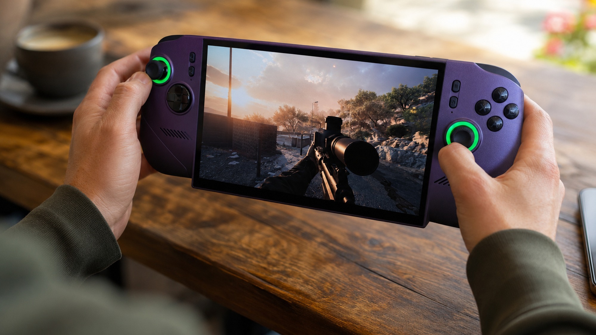MSI Claw 8 EX AI+ handheld gaming PC held in two hands running a game on its 8-inch screen at a cafe table