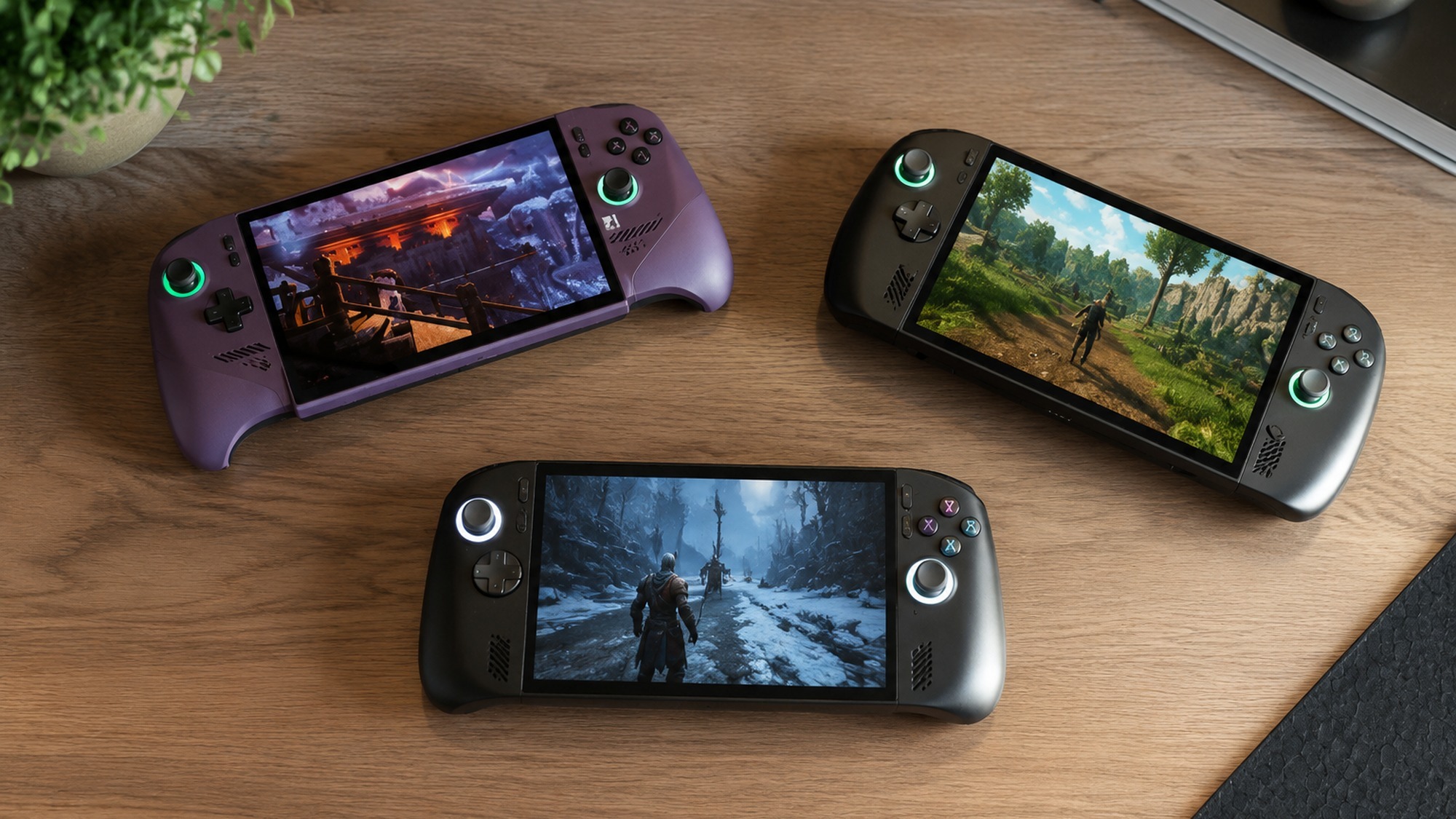 Three PC gaming handhelds including the MSI Claw arranged on a desk to compare against the Steam Deck and ROG Ally