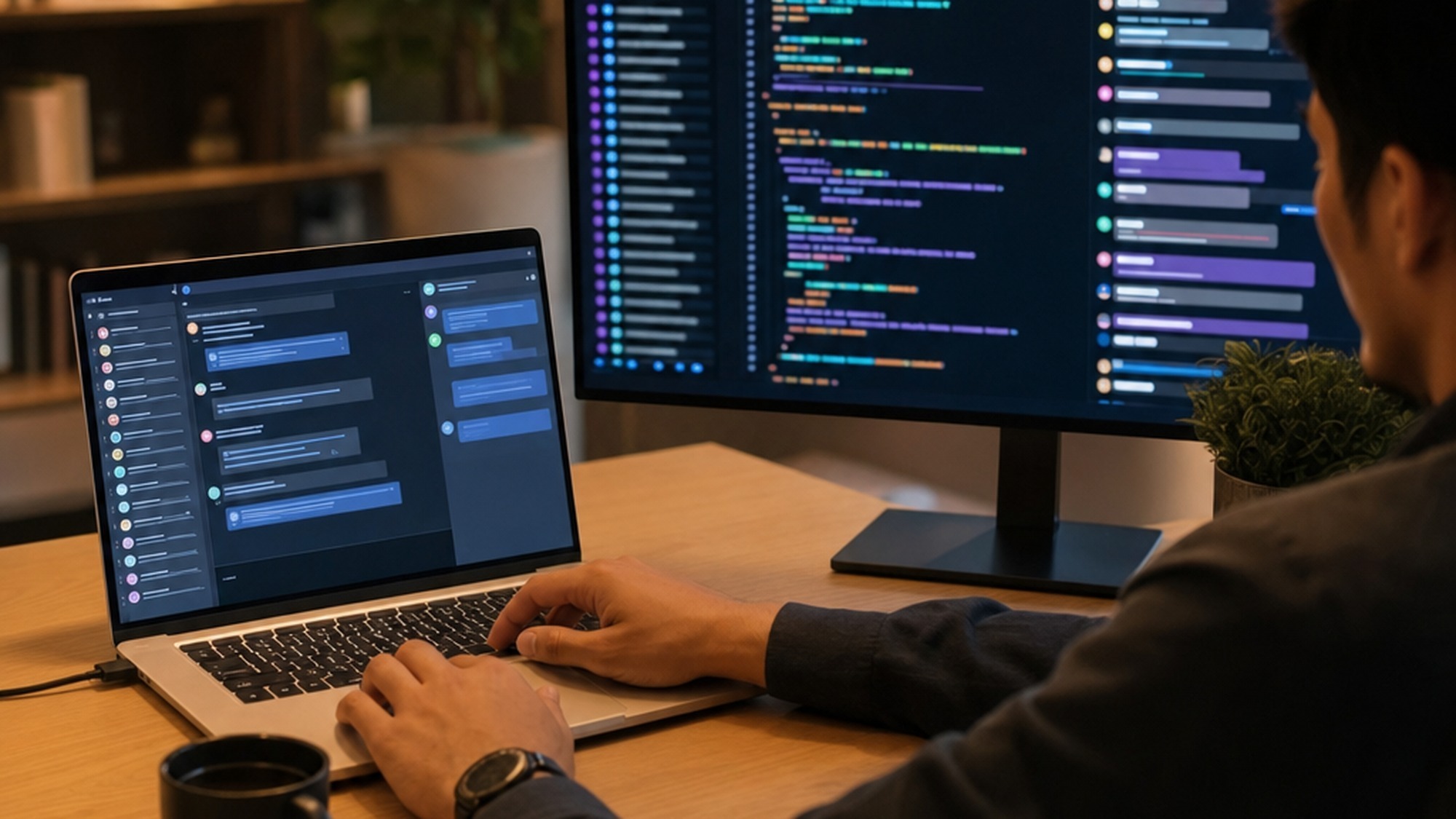 Developer workstation running a local AI agent on an NVIDIA RTX Spark desktop with code on a large monitor