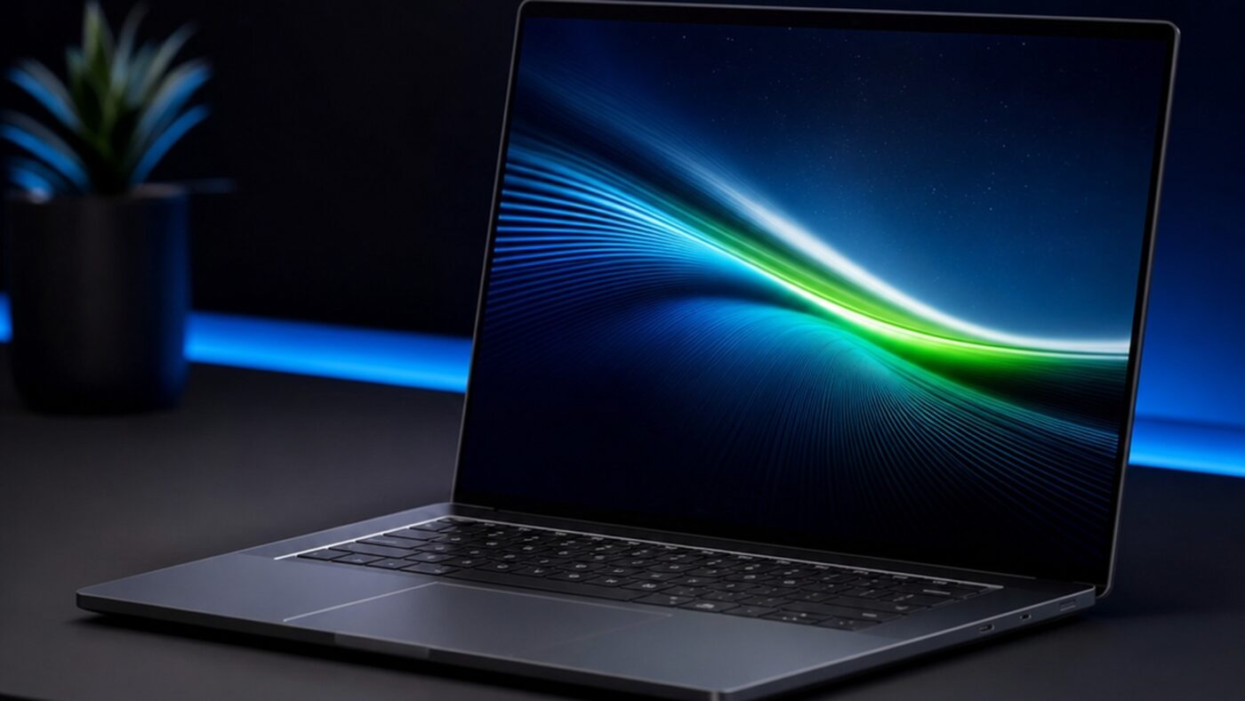 NVIDIA RTX Spark laptop open on a studio desk with its OLED screen glowing in a dark room