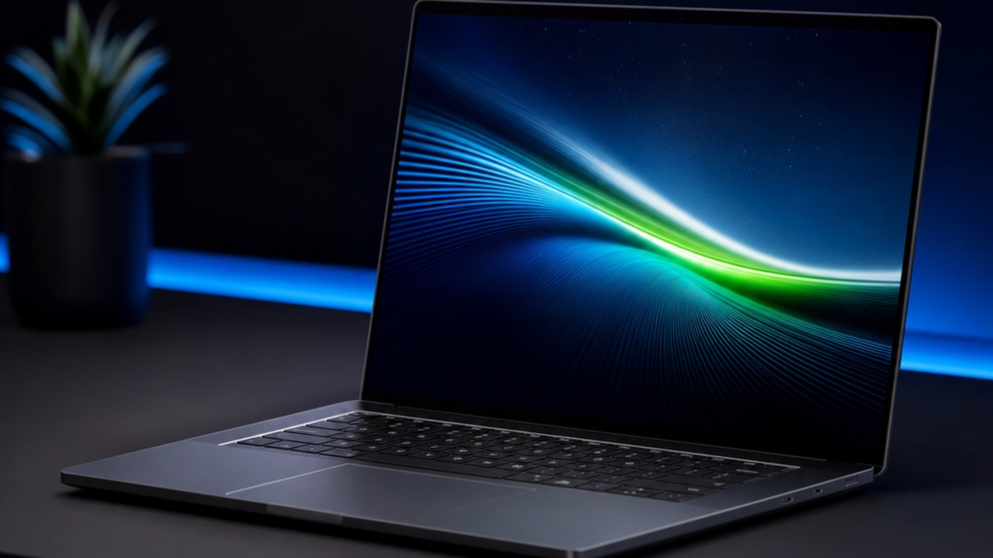 NVIDIA RTX Spark laptop open on a studio desk with its OLED screen glowing in a dark room