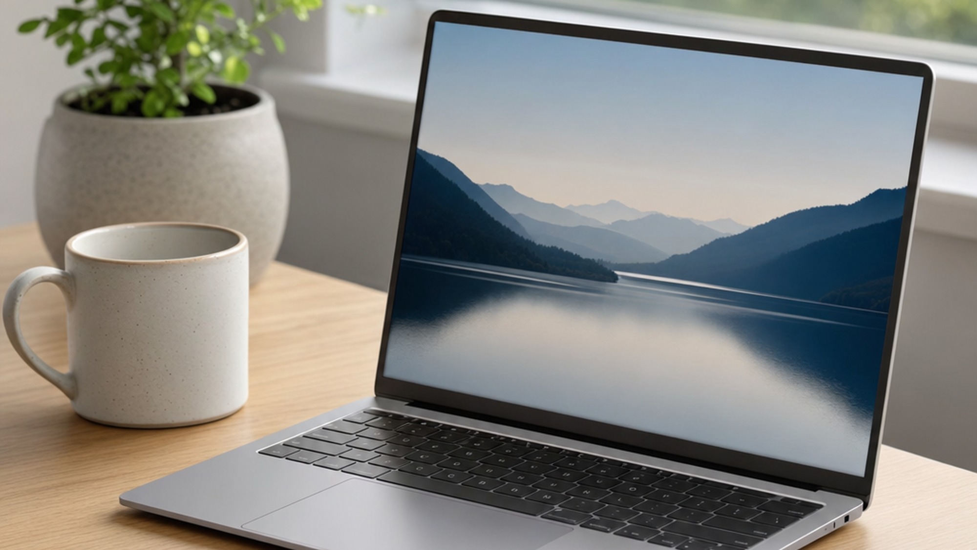 Slim NVIDIA RTX Spark laptop sitting open on a minimalist desk beside a coffee cup in soft daylight