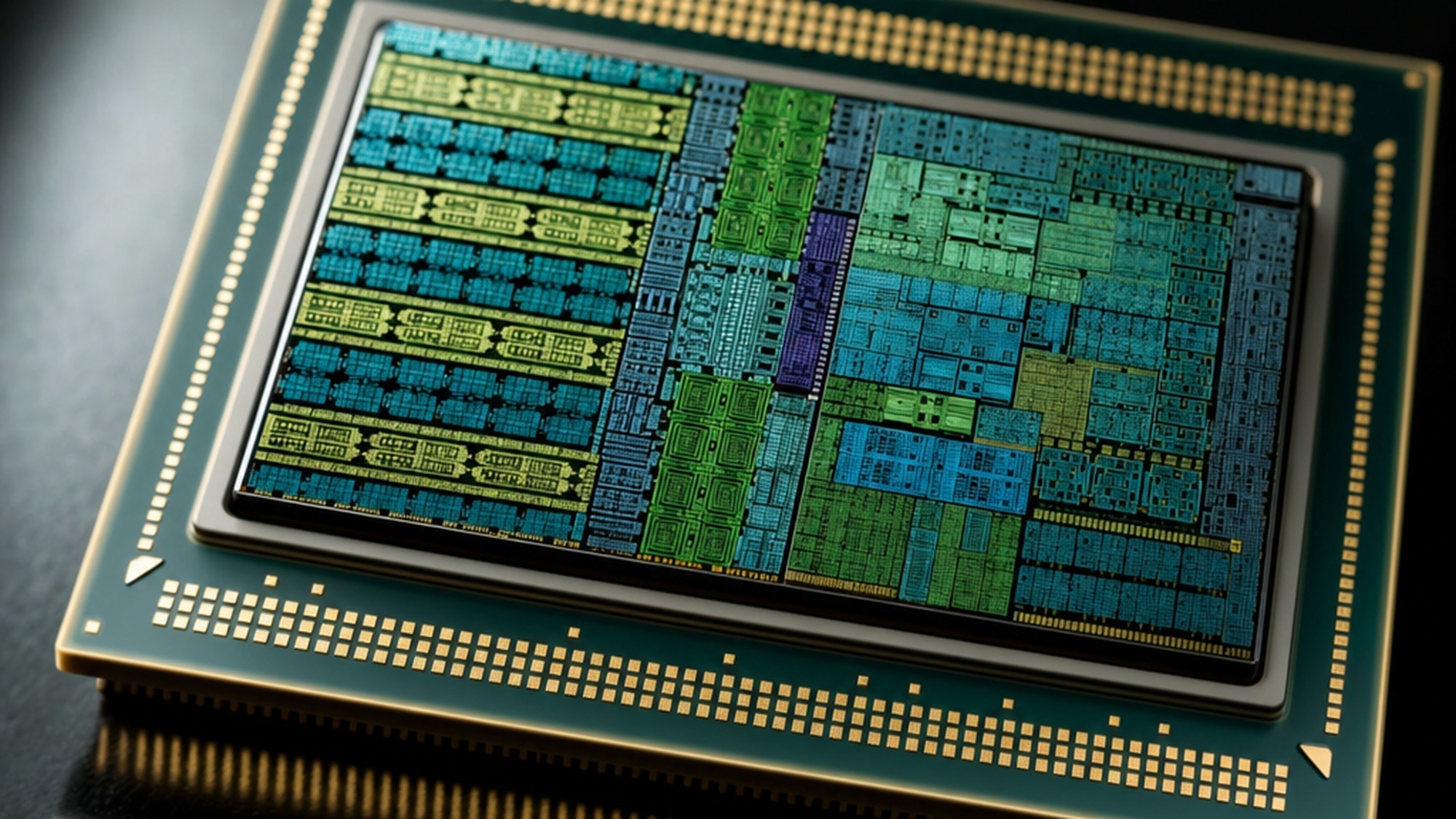 Close up of the NVIDIA RTX Spark Blackwell superchip die resting on a dark reflective surface under studio lighting