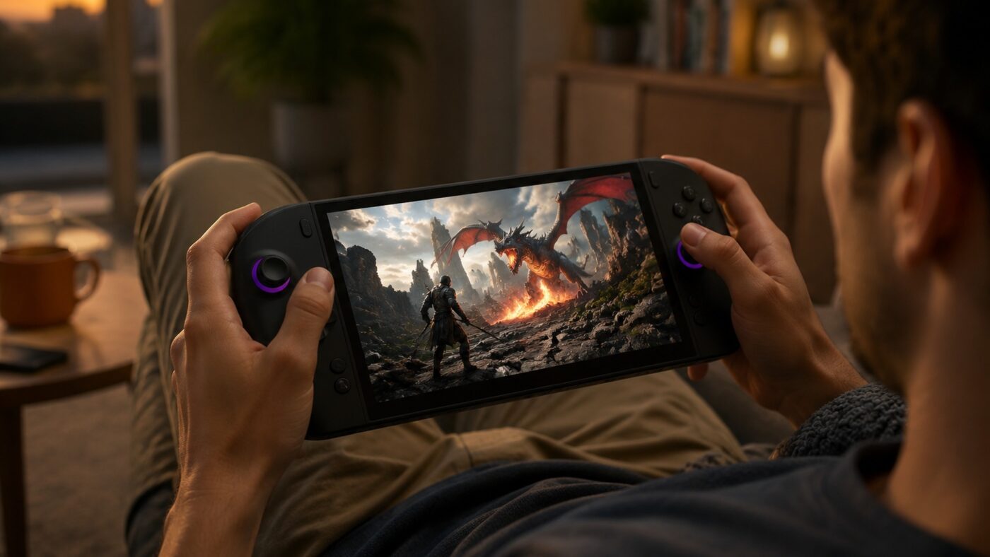 OneXPlayer 3 Intel Arc G3 Extreme handheld gaming PC held in two hands running a game on its wide 8.8 inch OLED screen