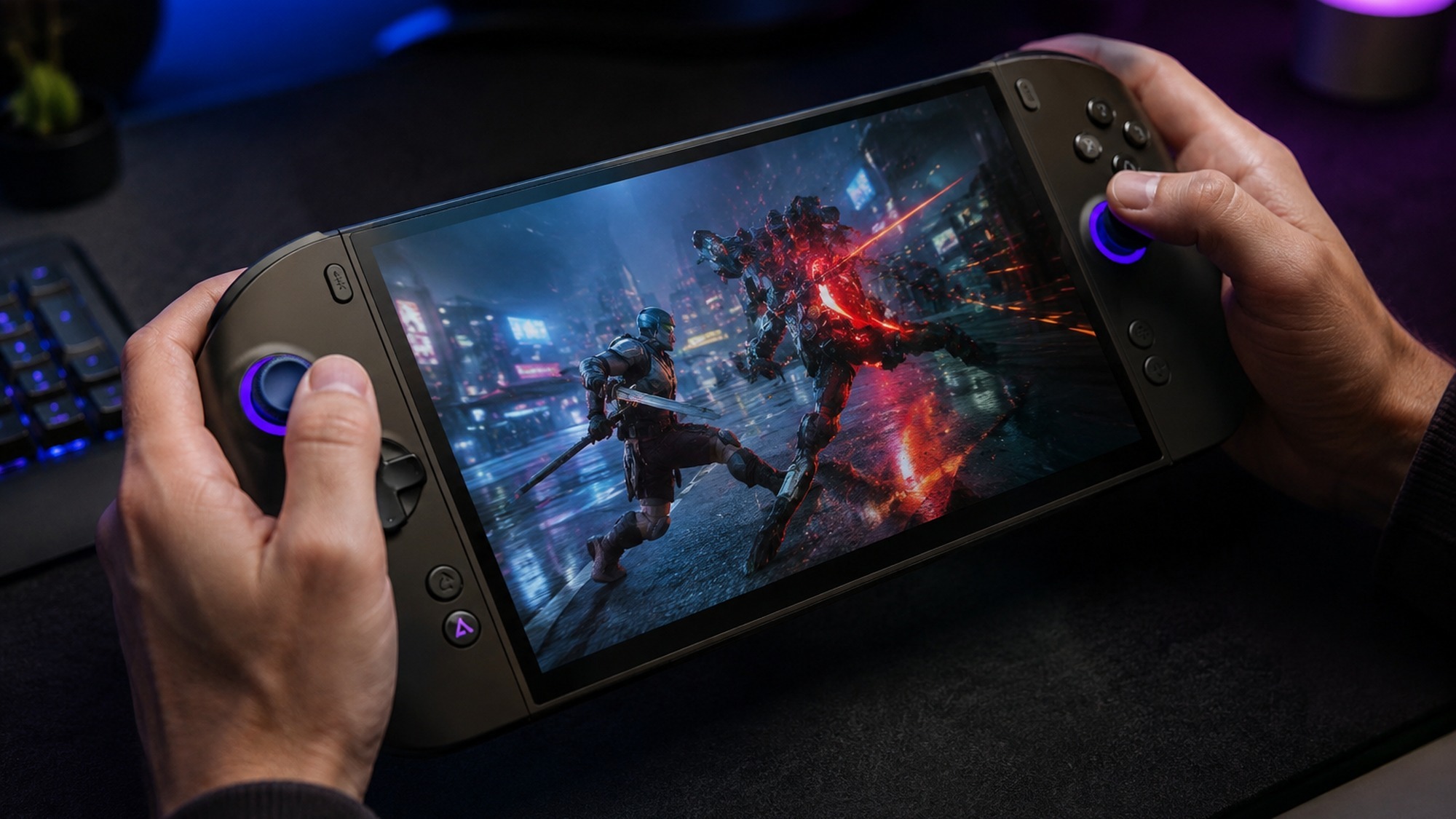 Close up of the OneXPlayer 3 handheld gaming PC in handheld mode with its detachable controllers attached during gameplay