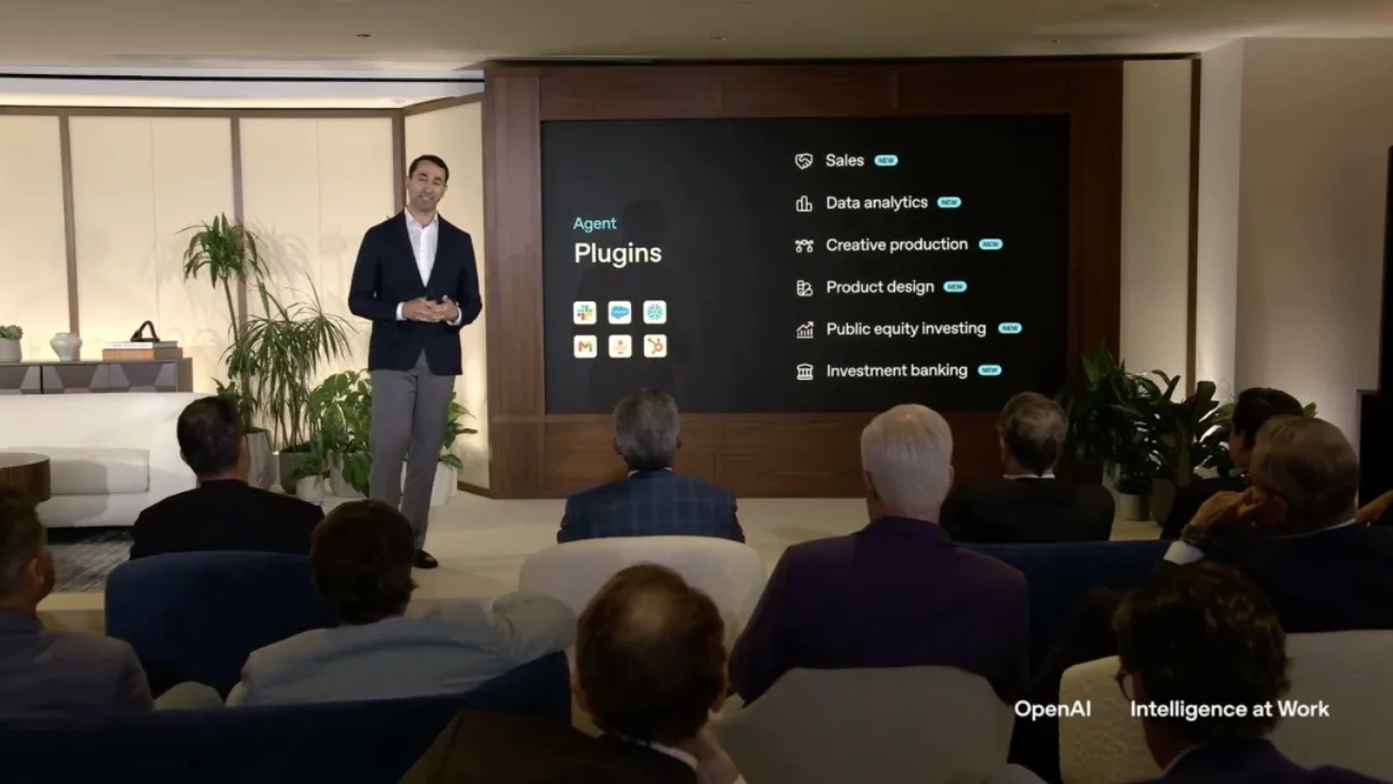 OpenAI Codex Agent Plugins slide listing Sales Data analytics Creative production Product design Public equity investing and Investment banking categories