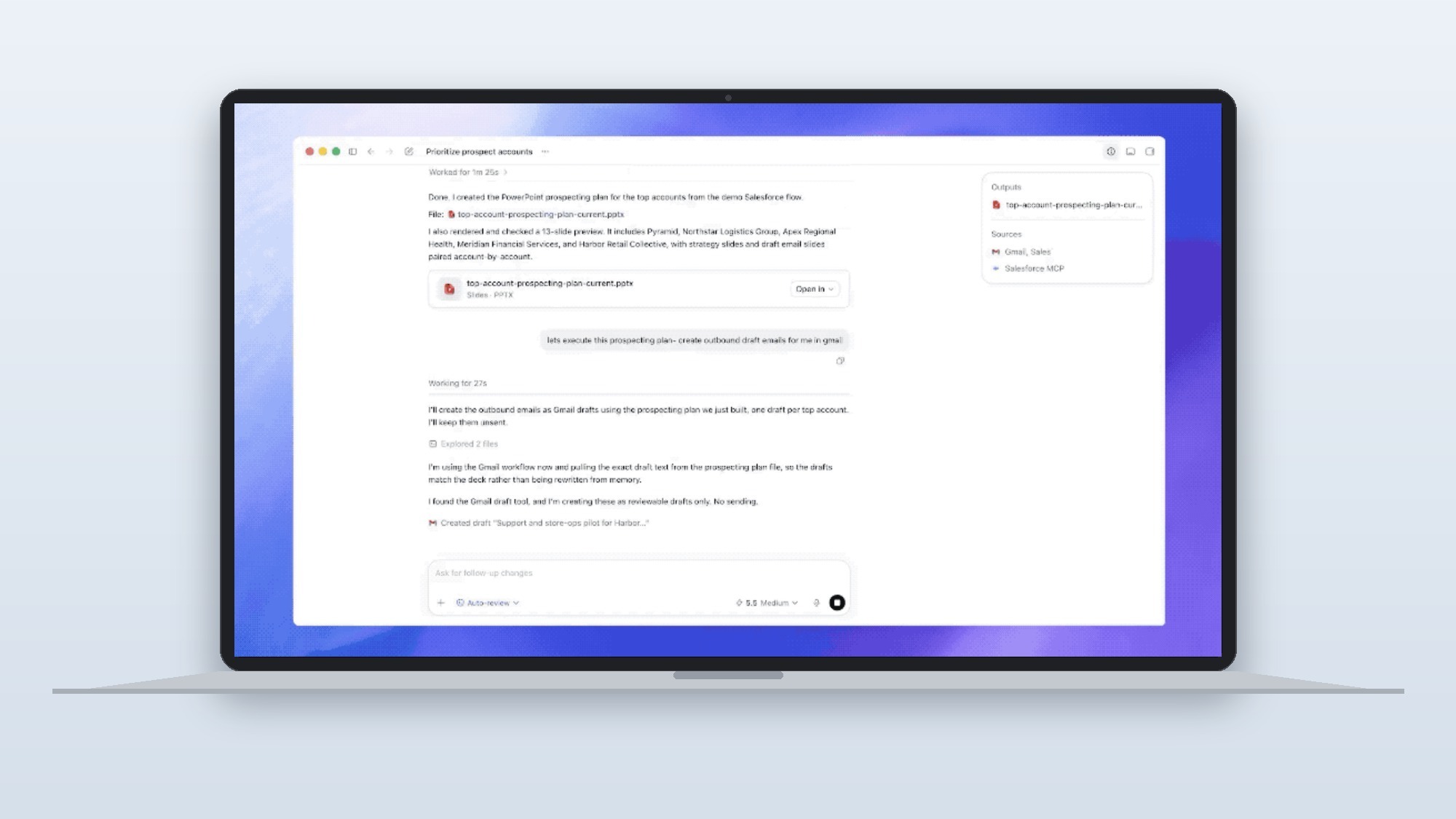 OpenAI Codex app interface on MacBook screen showing prospect prioritization task with Salesforce and Gmail integration generating prospecting plan