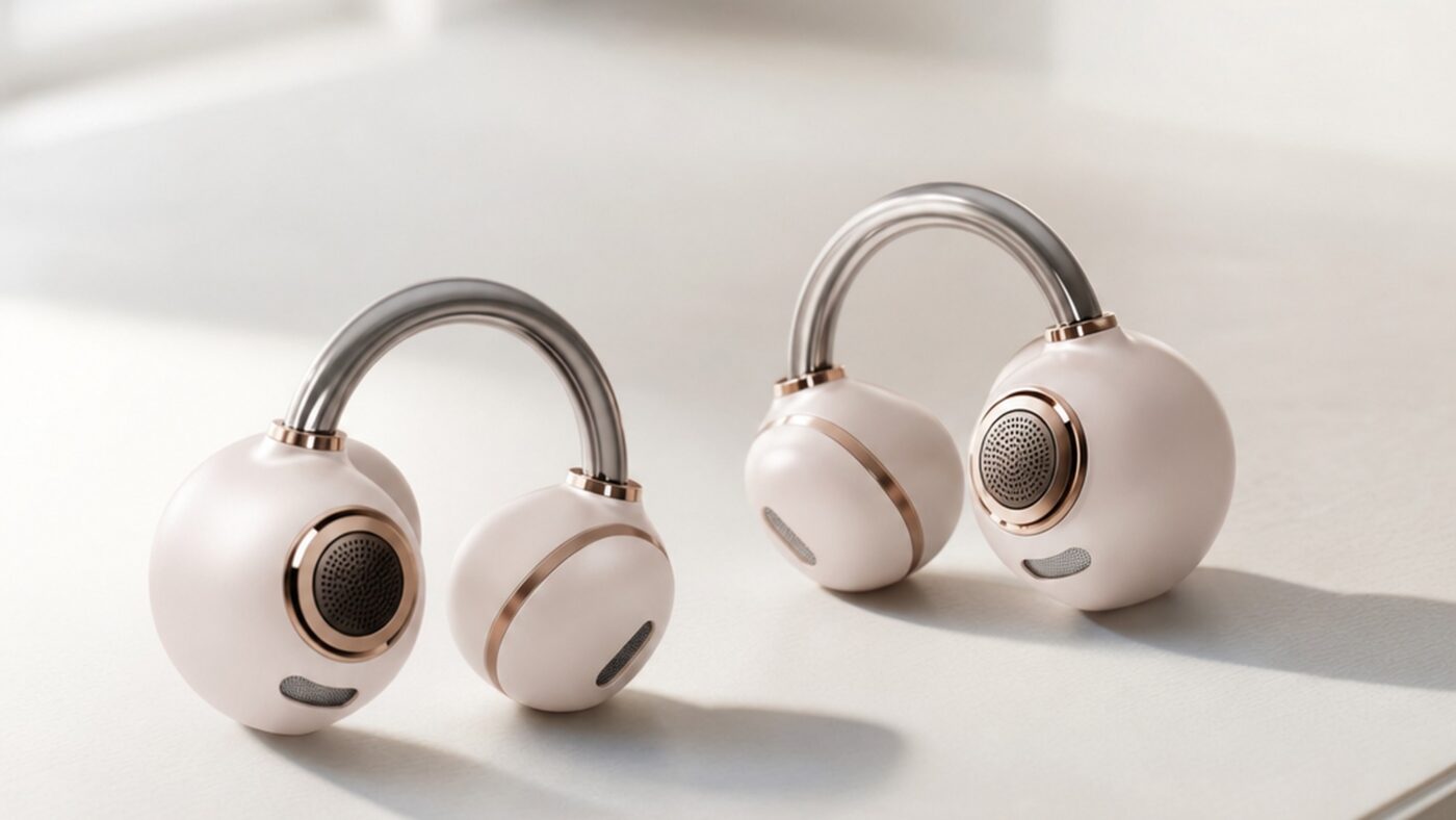 Shokz OpenDots 2 open-ear clip earbuds in black on a clean desk, showing the dual driver housing, flexible titanium ear bridge, and compact charging case with pearl-finish lid