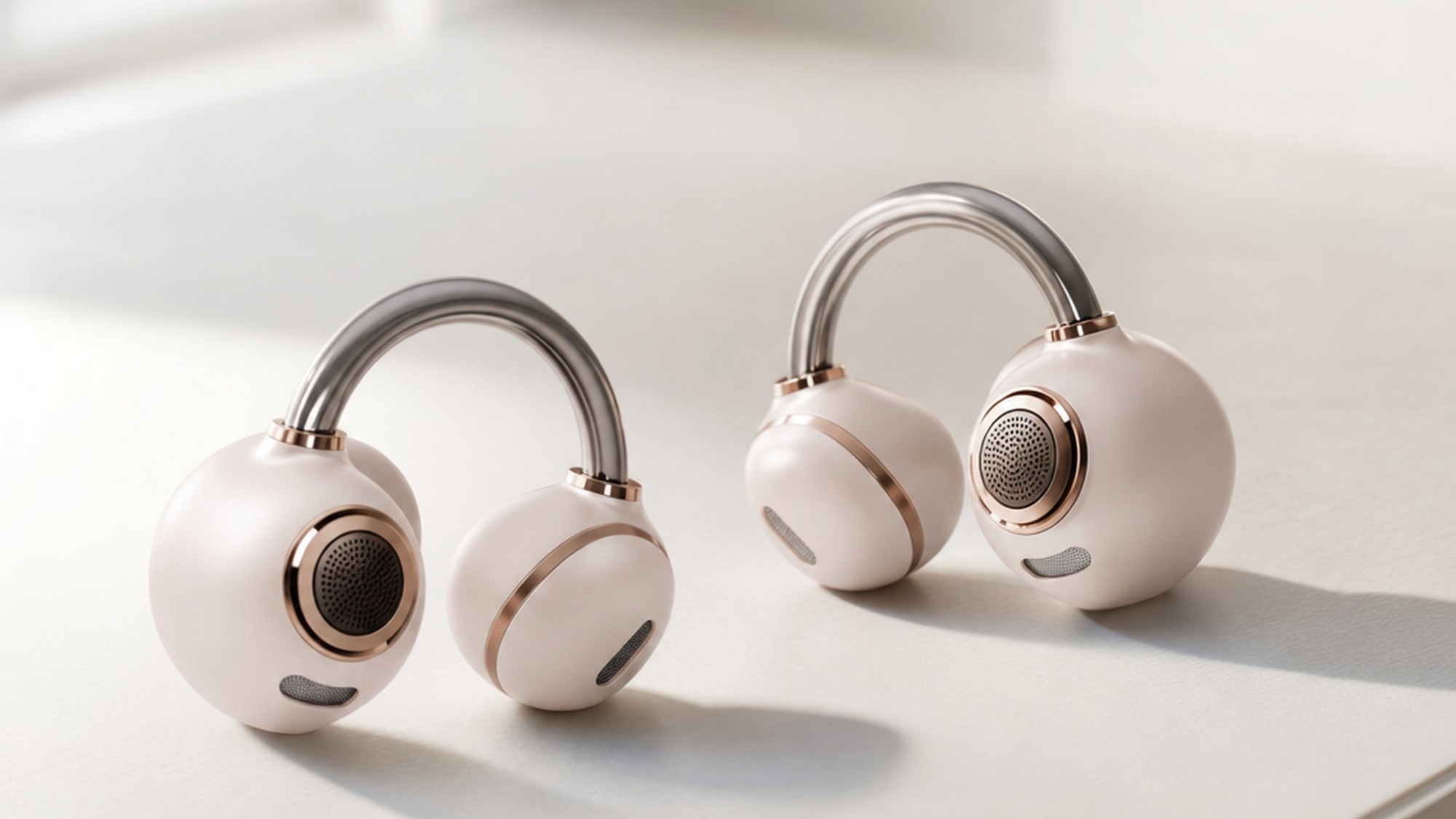 Shokz OpenDots 2 open-ear clip earbuds in black on a clean desk, showing the dual driver housing, flexible titanium ear bridge, and compact charging case with pearl-finish lid