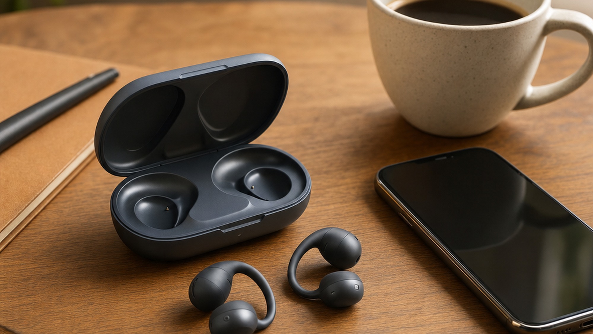 Shokz OpenDots 2 earbuds resting in open charging case on wooden desk, highlighting the magnetic drop-in cradle that accepts buds in any orientation