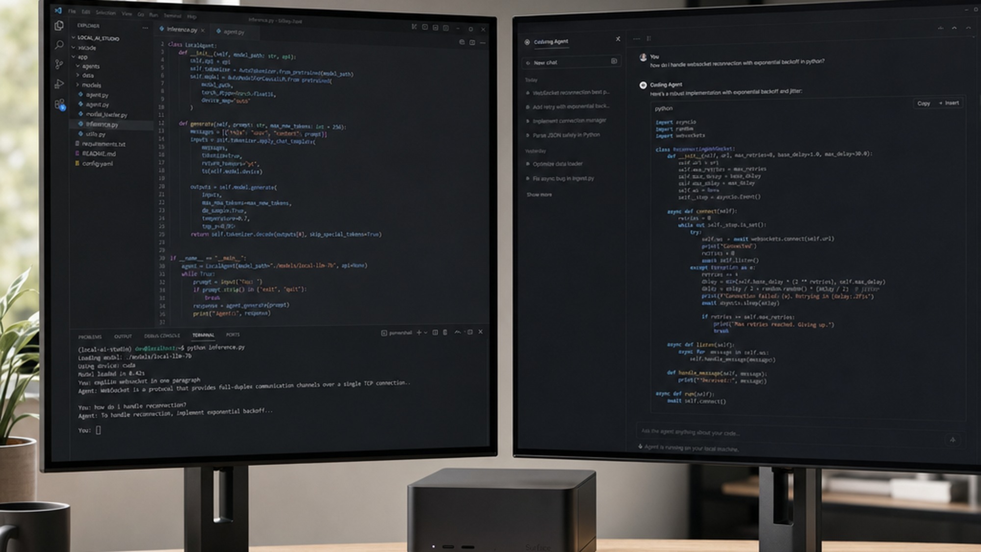 Developer running a local LLM inference desktop session on the Surface RTX Spark Dev Box with VS Code open