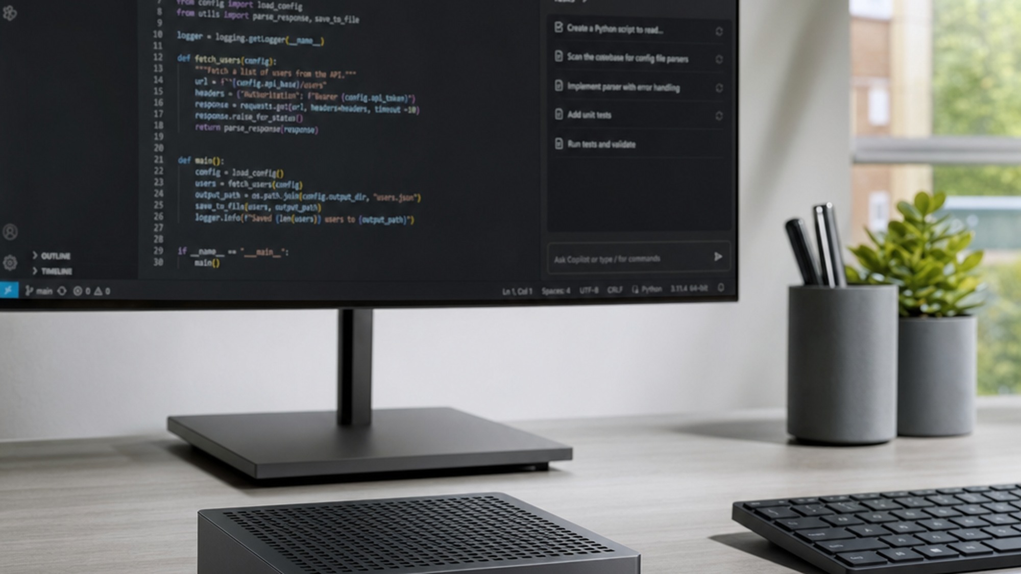 Surface RTX Spark Dev Box mini PC sitting on a developer desk beside a monitor running an AI coding agent