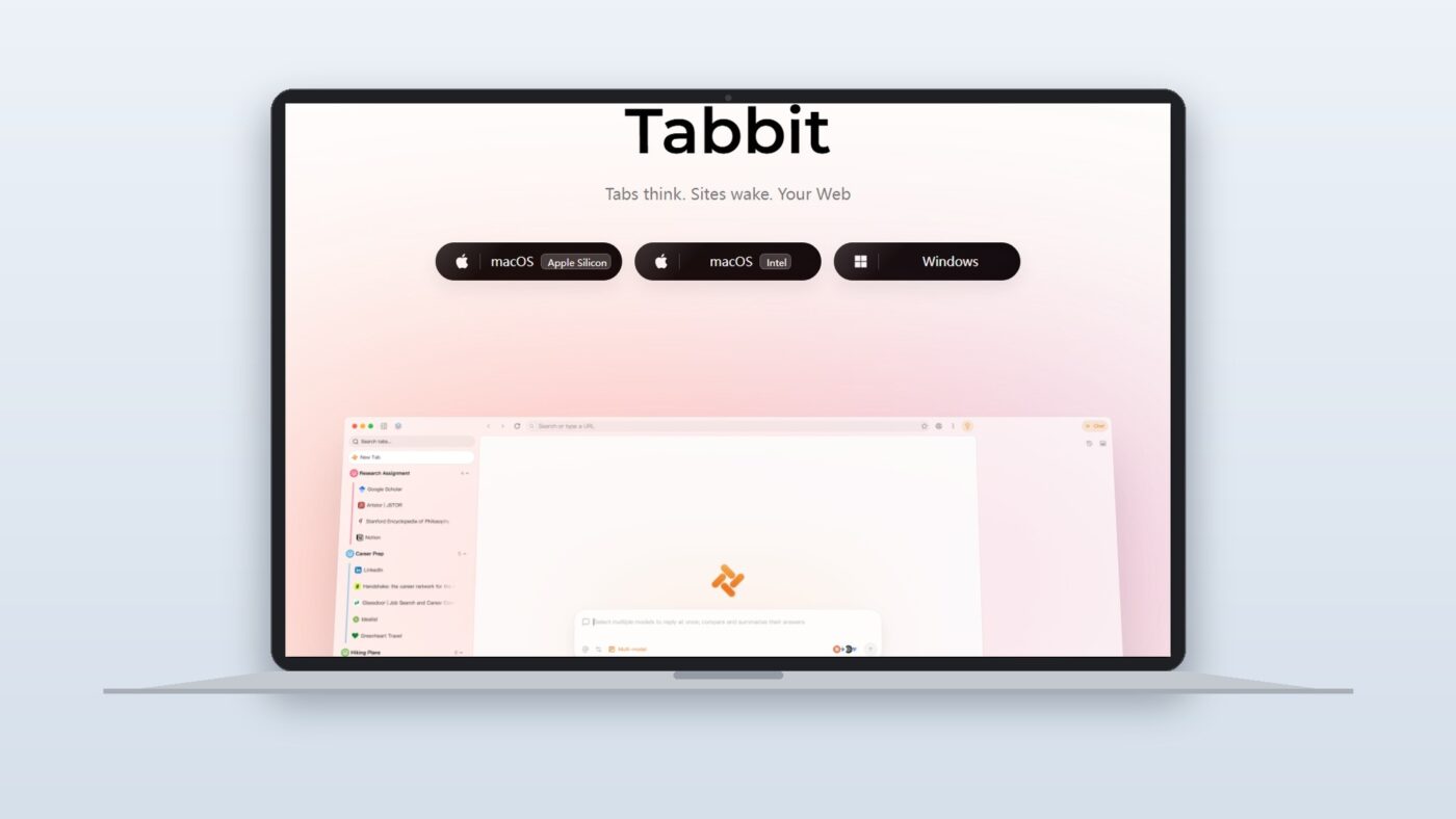 Tabbit AI browser interface showing multi-model sidebar with DeepSeek and Claude running side by side on a desktop screen