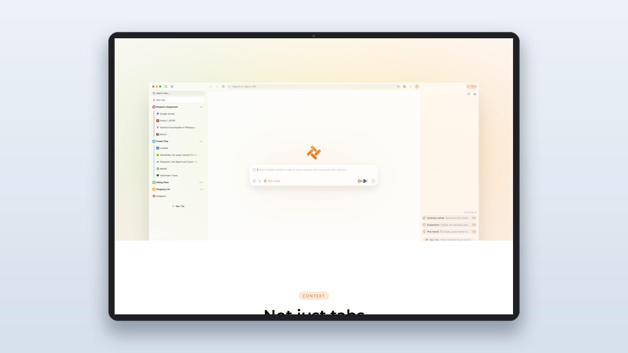Tabbit AI browser clean dark interface on desktop showing vertical tab organization and AI sidebar panel open on the right