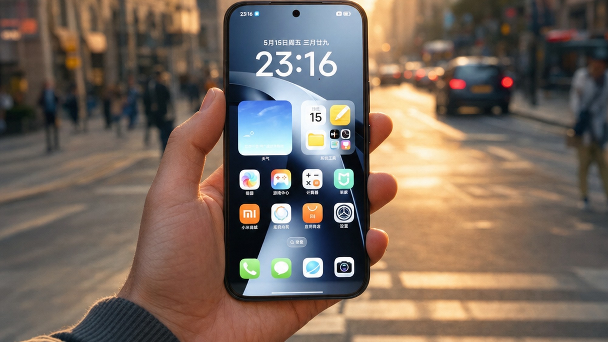 Hand holding the Xiaomi 17T Pro outdoors at golden hour with the screen facing the viewer against a blurred city street background.