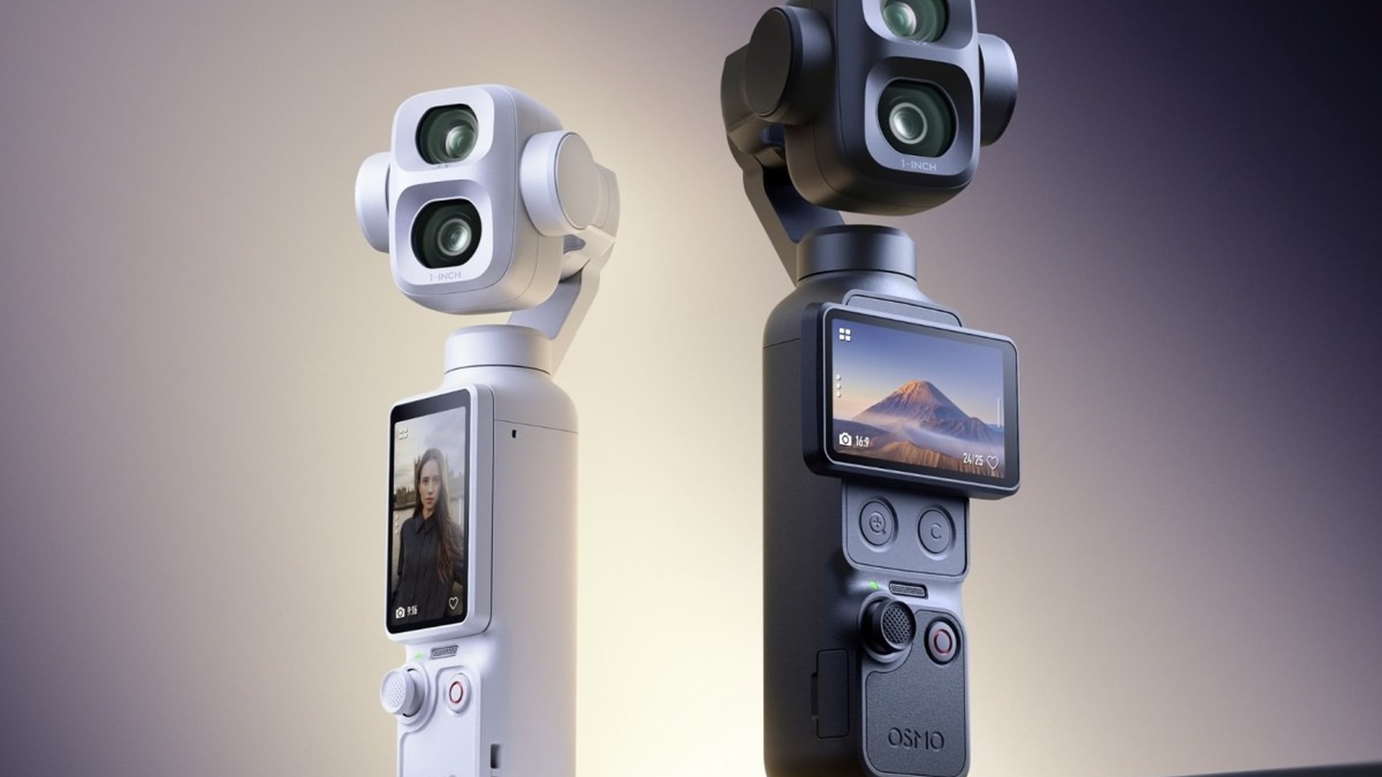 DJI Osmo Pocket 4P shown in black and white colorways side by side highlighting the dual-camera gimbal head and screen