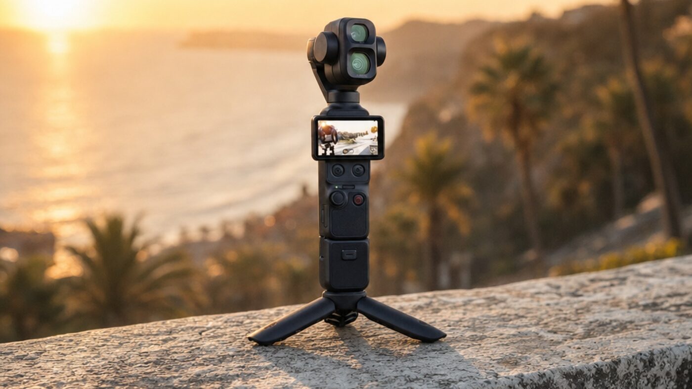 DJI Osmo Pocket 4P dual-camera handheld gimbal mounted on a mini tripod outdoors with a green bokeh background