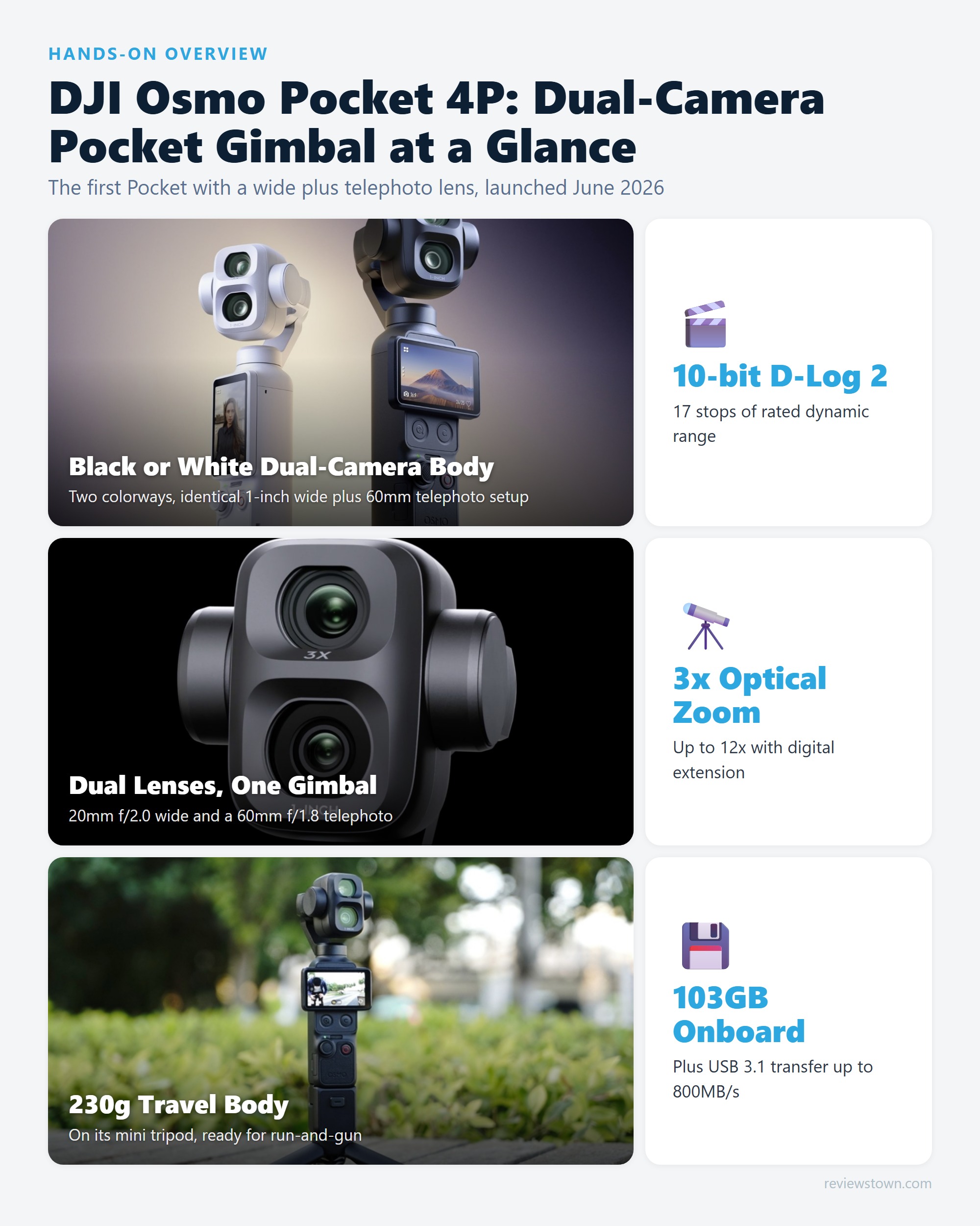 DJI Osmo Pocket 4P photo grid showing the dual lens macro, the gimbal body, and key specs for the handheld gimbal camera