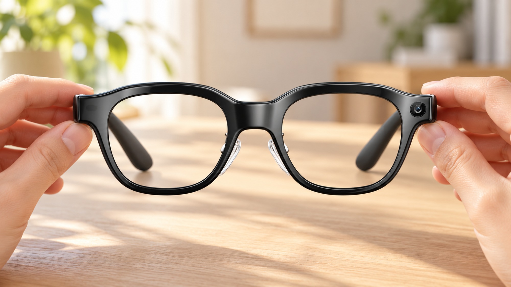 AI-assisted illustration of the Rokid Glasses 2 black frame held above a desk