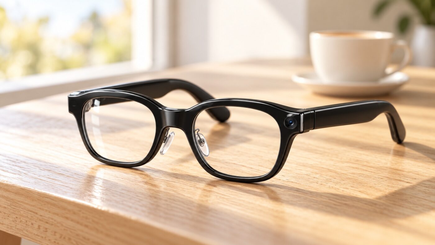 AI-assisted illustration of black Rokid Glasses 2 on a sunlit cafe table